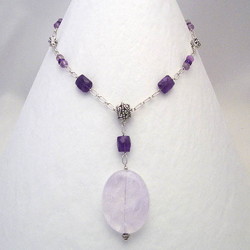 Lavender Quartz Drop Necklace with Amethyst, Fluorite & Bali Beads